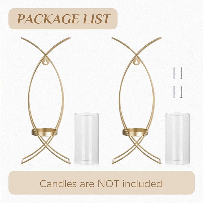 Candle Sconces Wall Decor Set of 2: Wall Hurricane Candle Holder Modern Metal Wall Mounted Gold Sconces Decorations for Living Room Bedroom Bathroom Hallway Outdoor