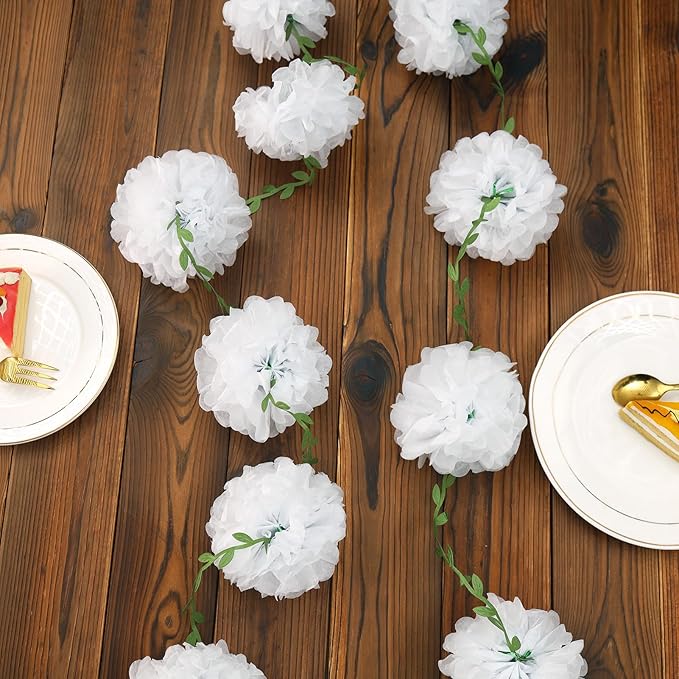 White Tissue Paper Pom Pom Garlands, Paper Flowers for Birthday Decorations, Baby Shower, Wedding Engagement, Bridal Shower, Spring Summer Party Decorations