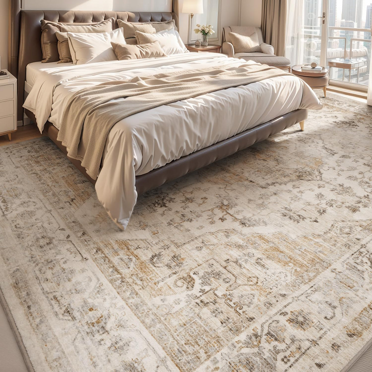 AMOAMI-3X5 Area Rug-Soft Washable Vintage Throw Accent Rugs for Living Room, Entryway, Bedroom, Kitchen, Bathroom, Laundry Room, Kitchen, Bathroom, Bedside, No Slip Beige