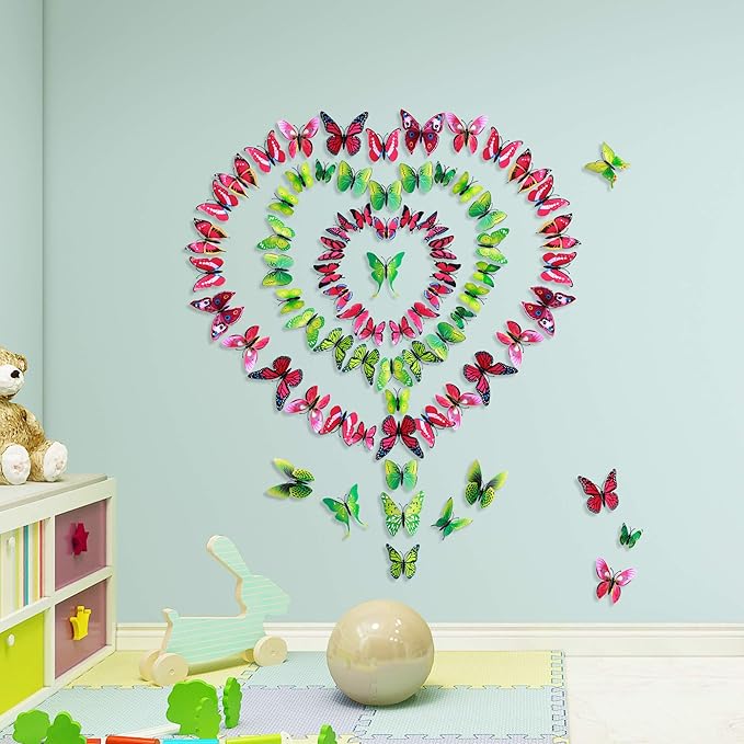 24pcs 3D Vivid Special Man-Made Lively Butterfly Wall Stickers Removable Butterflies Wall Decals 3D Nursery Art Decor for Kids Girls Bedroom Living Room Classroom Party Decoration Pink & Green
