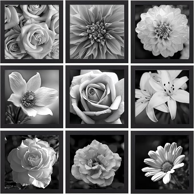 eletecpro 10x10 Picture Frames Set of 9 with Mat for 8x8 Photos or without Mat for 10x10, Square Gallery Wall Decor Collage for Picture Display, Black Frame Set for Wall Hanging