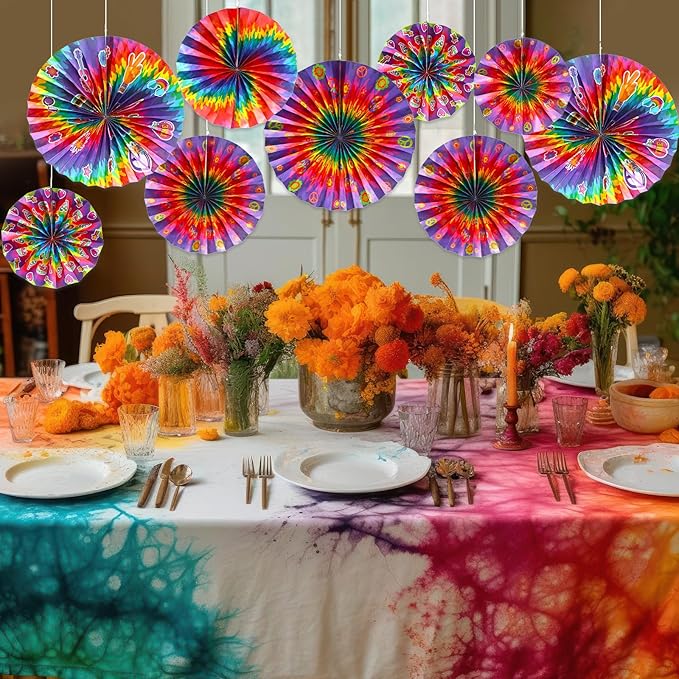 Outus Tie Dye Party Supplies Groovy Hippie Hanging Paper Fans Classroom Decoration 60s Party Ceiling Wall Decor Fans Peace and Love Sign for Carnival Hippie Groovy Theme Birthday Ceiling(18 Pcs)