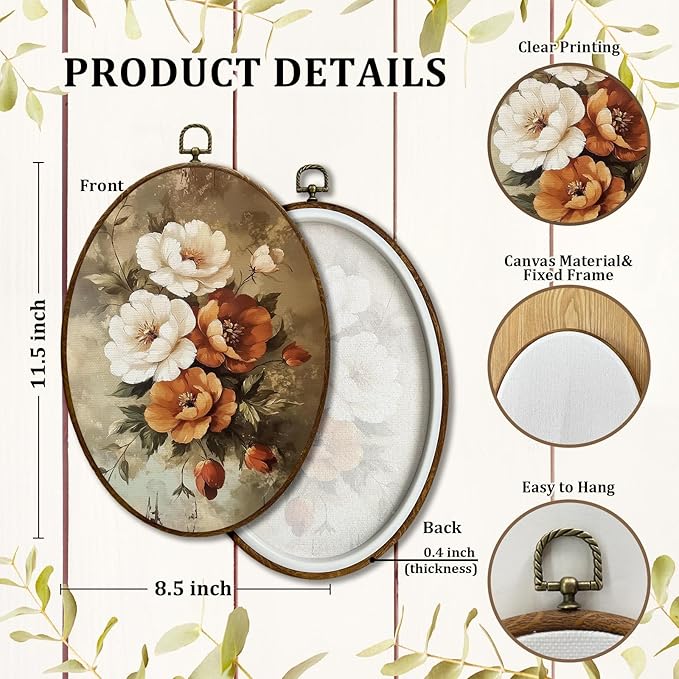 JQF Vintage Floral Oval Wall Decor, Cottagecore Floral Oval Canvas Wall Art, Farmhouse Retro Flower Botanical Framed Prints Hanging Decor for Home Bedroom Living Room Office, 8.5x11.5 Inch