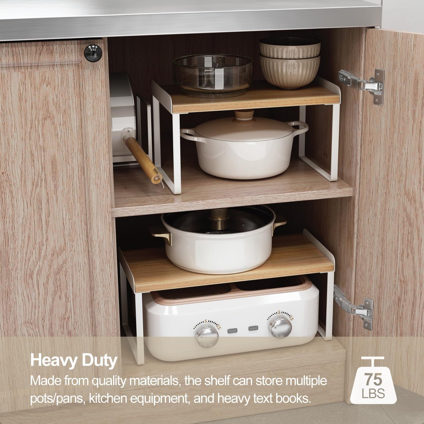 Mitus Shelf Organizer and Storage, Stackable Tiered Wood Cabinet Rack for Countertops, Desktops, Cabinets (Set of 2) 12" and 16" Wide Natural Oak and White