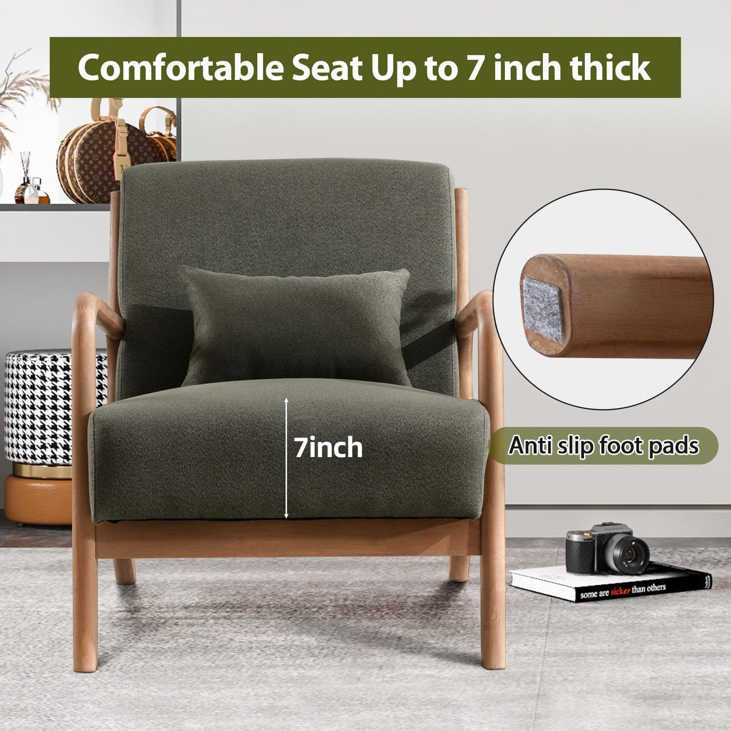 INZOY Mid Century Modern Accent Chair with Wood Frame, Upholstered Living Room Chairs with Waist Cushion, Reading Armchair for Bedroom Sunroom (Green)