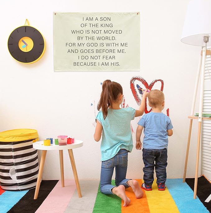 Christian Bible Verse Scripture Canvas Banner -Hanging Rectangular Flag for Baby Kids,Nursery Bedroom Playroom Nursery Decoration-Baby Shower Baptism Birthday Christmas Gift-I Am a Son of the King