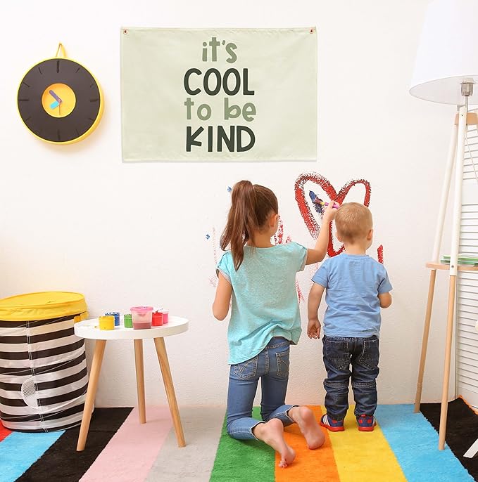 It’s Cool to Be Kind-Canvas Banner Nursery Wall Decor Hanging Rectangular Flag Sign for Baby Boy Girl Kids,Bedroom Reading Room Playroom Door Decoration-Baby Shower Birthday Christmas Gift