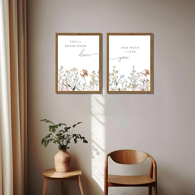 Wood Framed Wildflower Nursery Wall Art Set of 2, Boho Flower Botanical Wall Decor Paintings, Baby Girl Nurseries Pictures Posters Prints for Nursery Baby Room Bedroom Home Decoration 12x16 Inch