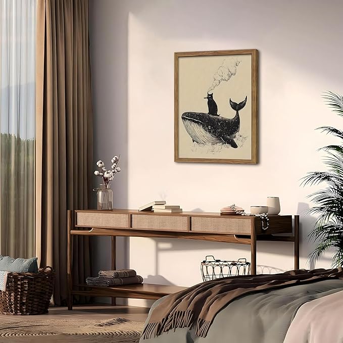 Framed Cat Wall Art, Funny Black Cat Riding a Whale Canvas, Vintage Abstract Oil Painting, Country Home Room Wall Decor, Humorous Pictures Artwork Prints for Living Room Bedroom – 12x16 inch