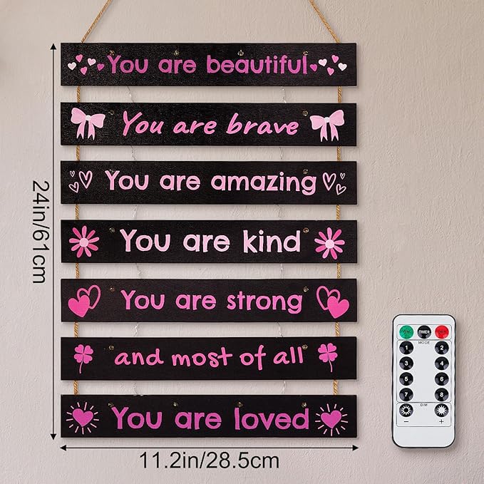 FIOBEE Girls Room Décor for Teen Girls Boys with LED Light Wall Decor for Bedroom Motivational Inspirational Wall Art Room Decoration for Kids Studyroom, 8 Kinds of Lights, Black