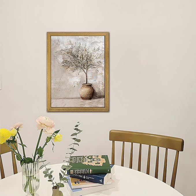 Vintage Olive Tree Canvas Wall Art, Farmhouse Aesthetic Oil Painting, Rustic Potted Plant Wall Decor, Neutral Botanical Print Artwork Picture for Living Room Kitchen Home Decor 16x24 Inch Framed