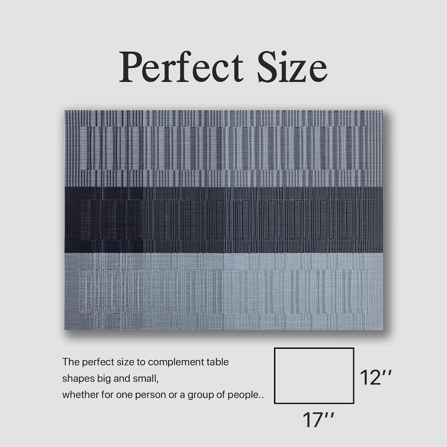 Placemats Set of 12 - Easy Clean Woven Vinyl Placemats for Dining Table, Indoor/Outdoor Place Mats, Washable PVC Table Mats (Silver Gray Black)