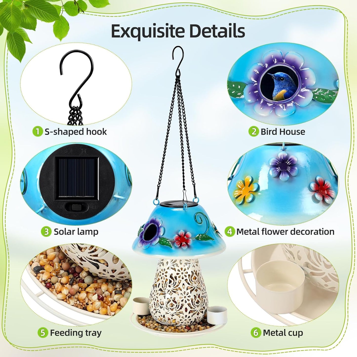 Mushroom Solar Bird Feeders for Outdoors Hanging Metal Wild Bird Feeder Garden Lantern with S Hook for Garden Decoration Blue