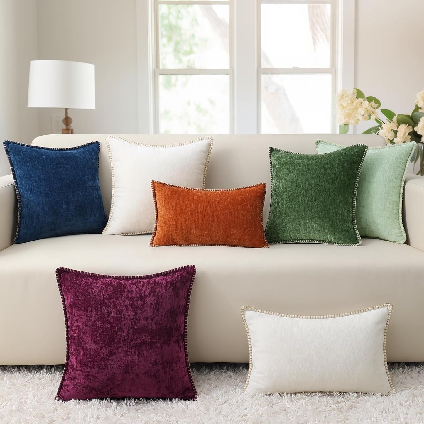 decorUhome Chenille Soft Throw Pillow Covers 16x16 Set of 2, Farmhouse Velvet Neutral Decorative Euro Pillow Covers with Stitched Edge for Couch Sofa Bed Home Decor, Mineral Yellow