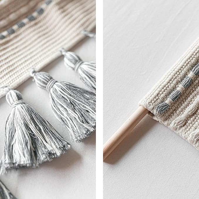 BlissBlush Long Vertical Wall Hanging Tapestry Woven Boho Farmhouse Decor Gray Cream Tassel Handmade Wall Art Decoration for Bedroom Living Room Dorm Nursery Apartment, 16x39 INCH