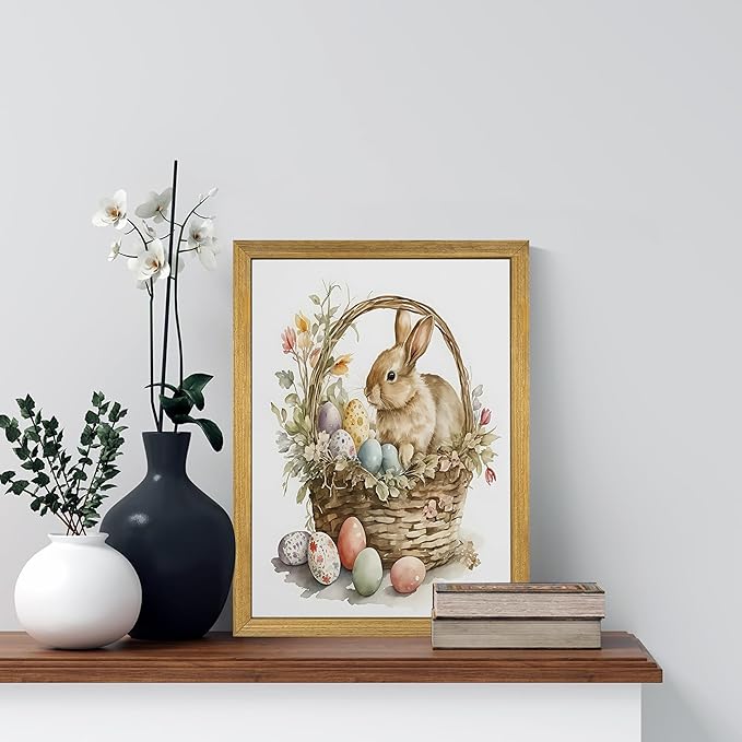 Easter Bunny Wall Art, Vintage Easter Bunny Eggs Poster Print Wall Decor, Holiday Home Canvas Decor Painting 12x16 Inch Wood Framed