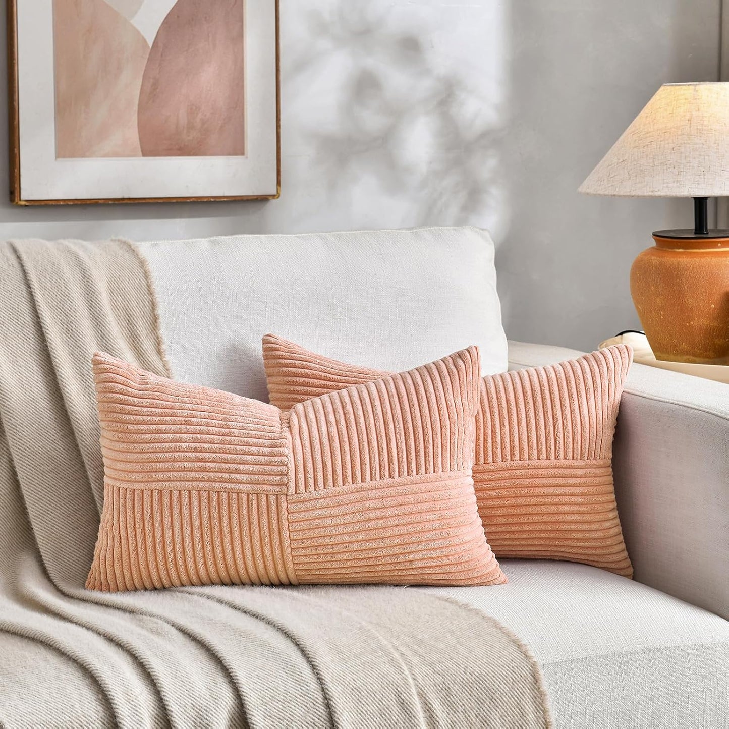 Fancy Homi 2 Packs Peach Lumbar Decorative Throw Pillow Covers 14x24 Inch for Living Room Couch Bed Sofa, Rustic Farmhouse Boho Home Decor, Soft Striped Corduroy Rectangle Accent Cushion Case 35x60 cm