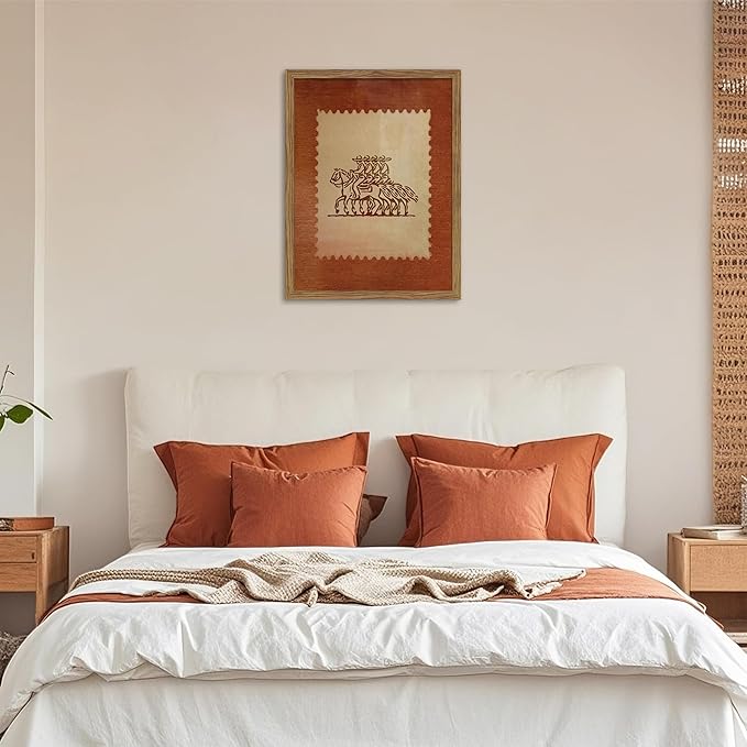 Framed Rustic Stamp Wall Art, Vintage Mexico Cowboys on Horseback Wall Decor, Earthy Tones Western Cowboy Canvas, Modern Farmhouse Pictures Prints for Bedroom Living Room – 16x24 inch