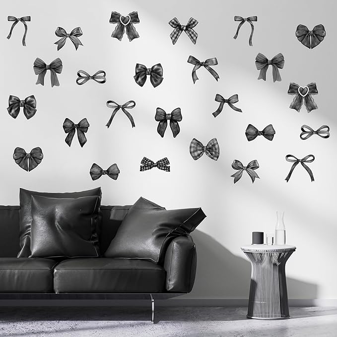 A1diee Black White Bow Wall Stickers - 60Pcs Watercolor Coquette Aesthetic Wall Stickers Black Bow Knot Gothic Wall Art Decor Vinyl Peel and Stick Room Decor for Kindergarten Nursery Bedroom, 8 Sheets
