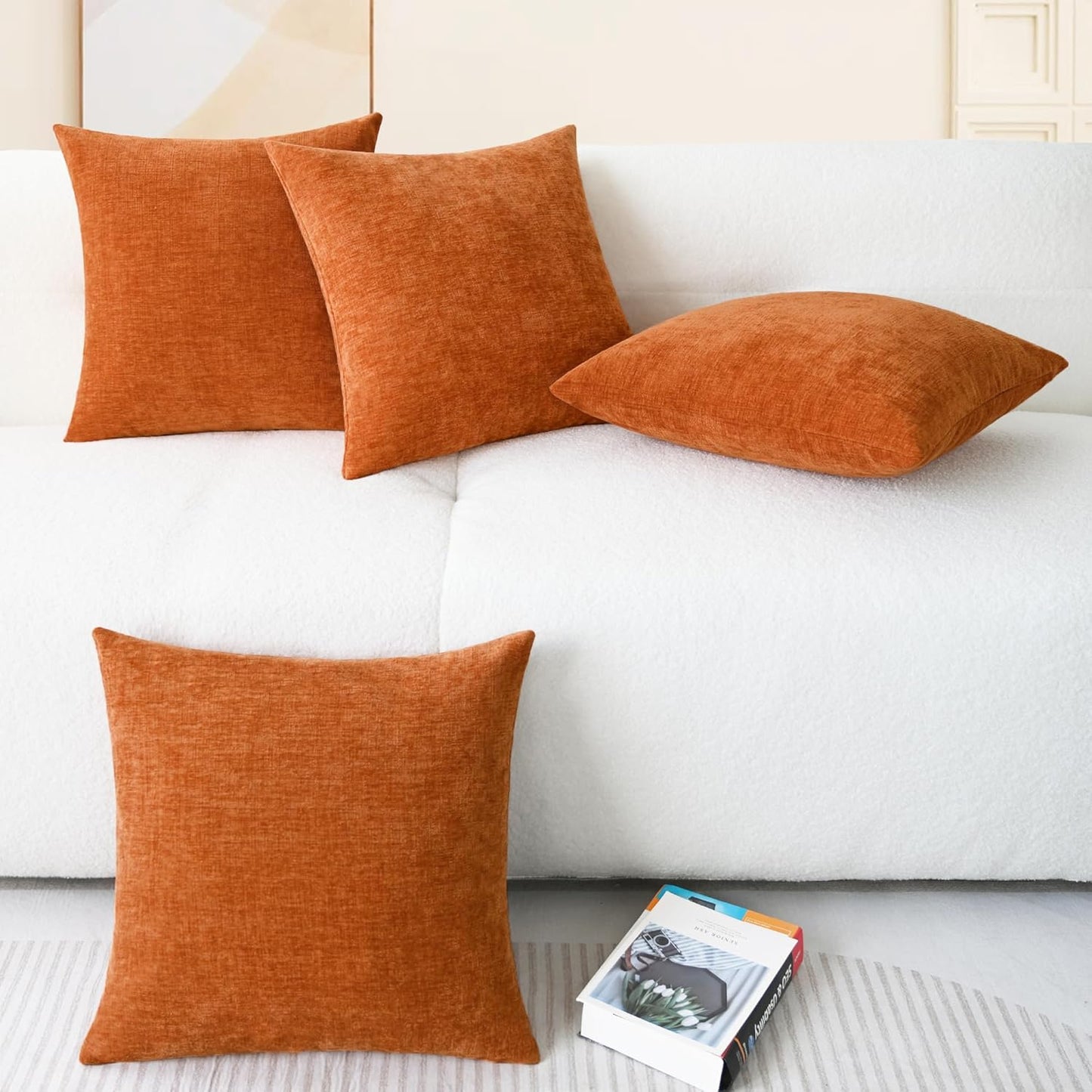 CaliTime Fall Throw Pillow Covers Decorative 18 X 18 Inches Pack of 4 Cozy Chenille Cushion Cases for Couch Sofa Bed Living Room Home Burnt Orange
