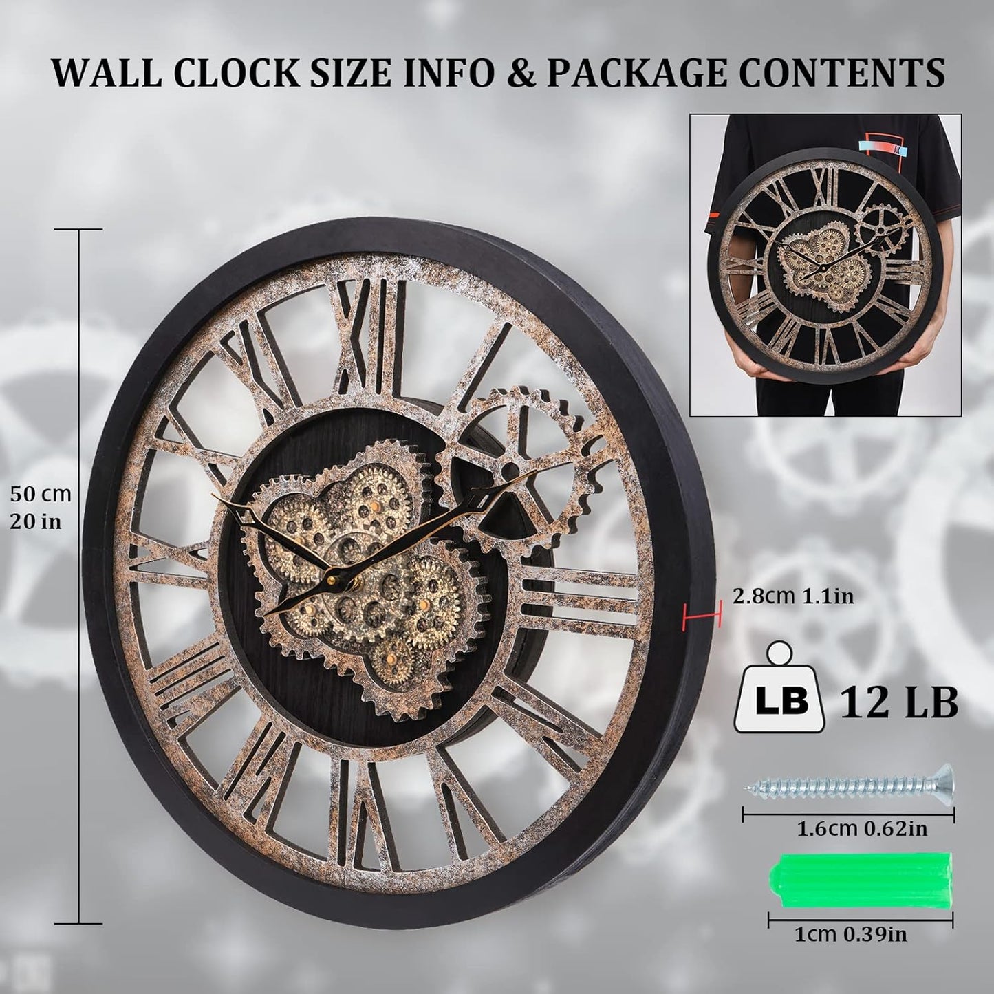 HOIBAI Large Wall Clock, Wall Clocks for Living Room Decor 20 Inch Farmhouse Vintage Rustic Kitchen Wall Decor Vintage Roman Oversized Wall Clock for Home Bedroom House Office, Moving Gears Clock