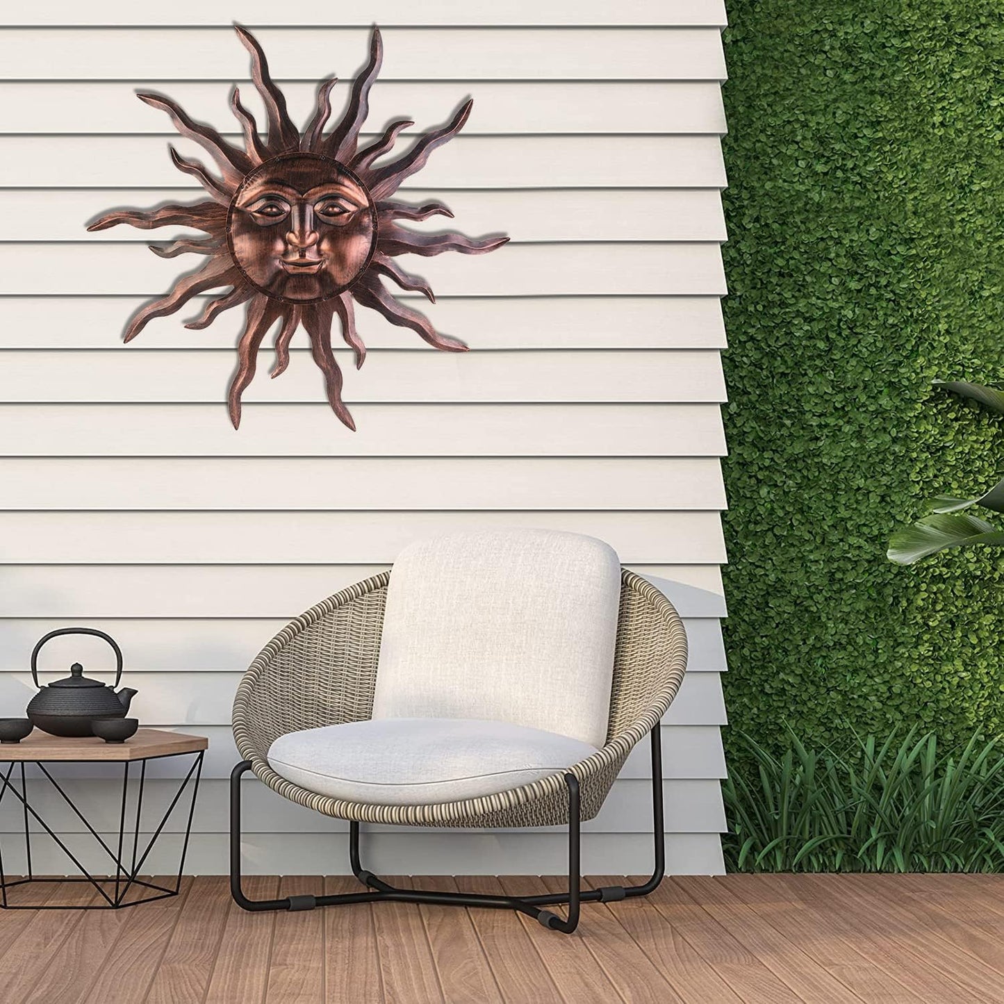 VZVXCC Large Metal Sun Wall Art Decor- 30 inches Sun Wall Hanging Decoration for Indoor Outdoor, 3D Sunshine Face Metal Wall Sculpture for Home Bedroom Living Room Office Garden Yard Patio(Bronze)