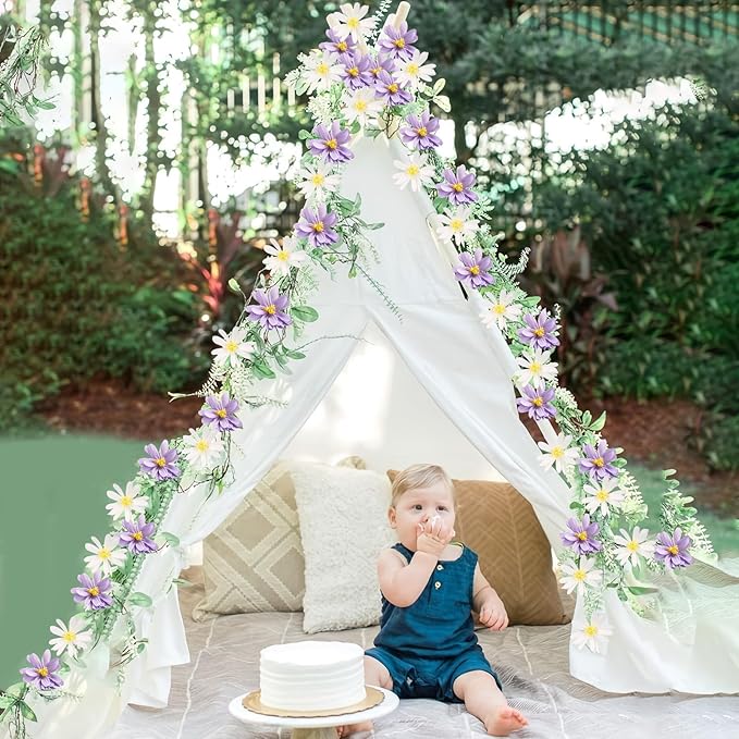 EASY JOY Crepe Paper Flowers Banner White Purple Spring Flower Garland Hanging Paper Florid Garland Leaves Banner for Spring Birthday Wedding Home Decorations