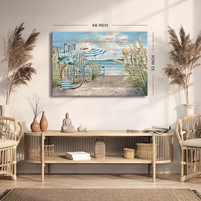 Large Blue Ocean Wall Art Abstract Coastal Seascape Picture for Living Room Decor Seaside Landscape Poster Rustic Dune Beach Prints Farmhouse Artwork Kitchen Living Room Decoration 32x48"
