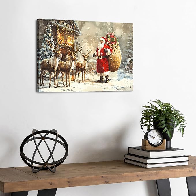 Christmas Wall Art Santa Claus Wall Decor Vintage Farmhouse Deer Pictures Christmas Reindeer Canvas Poster Winter Snow Landscape Painting Artwork for Living Room Bedroom Home Decorations 12x16"