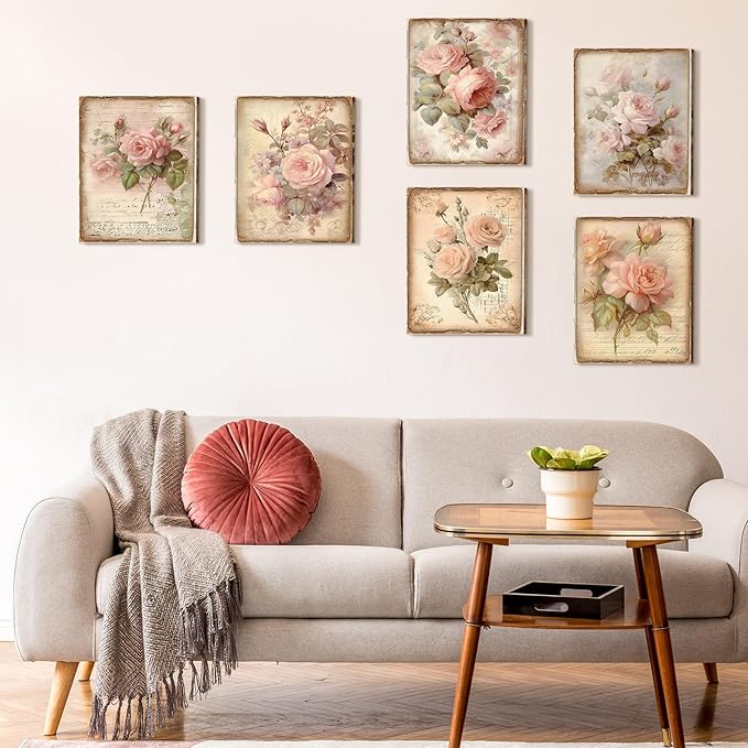 Vercraft 6 Pcs Vintage Flowers Canvas Wall Pink Rose Grandmillennial Home Wall Decor Retro Floral Pictures Farmhouses Wedding Decor for Home Office Bedroom Plant Printing Painting, 8 x 10 Inch