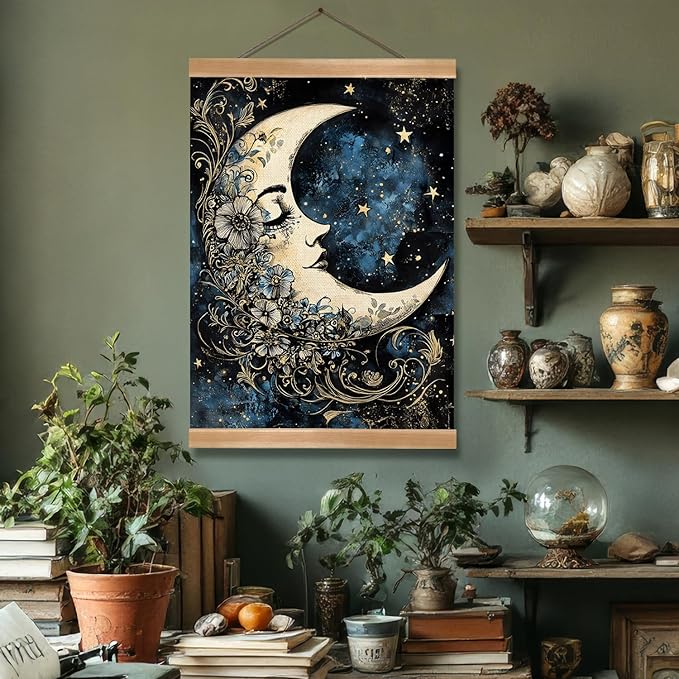 ZTGDA Moon Wall Art Decor– Vintage Hanging Wall Painting Abstract Poster with Solid Wood Frame, Boho Wall Decor,Mystical Celestial Floral Poster for Bedroom, Office(Moon)
