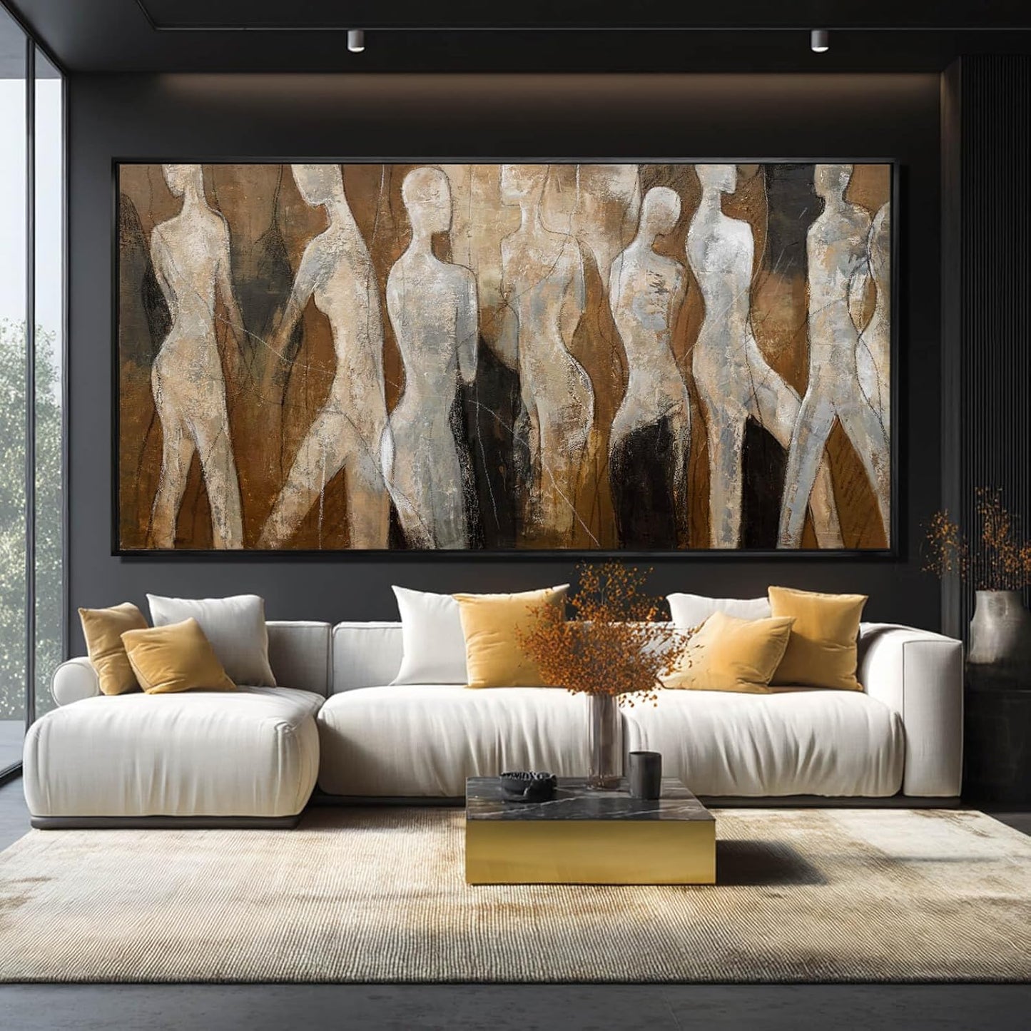 Black Line Wall Decor Brown Canvas Wall Art Figure Wall Decorations 29"x58" Large Pictures for Living Room Artwork for Office