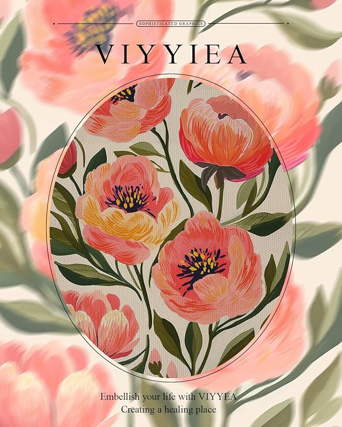 VIYYIEA Gold Framed Peony Floral Wall Art, Elegant Pink Flower Canvas Painting for Living Room Bedroom Decor | Lightweight No Glass Design, Classic Ornate Golden Border | 13x16 Inch