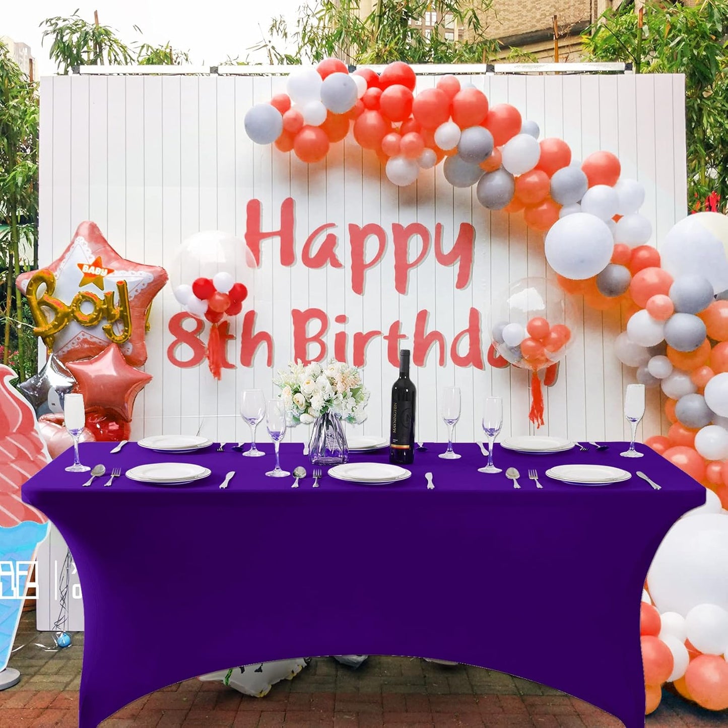 SuperO Waterproof Spandex Table Cover for 8FT Table Universal Fitted Stretch Tablecloth for Party, Banquet, Wedding and Events-Purple