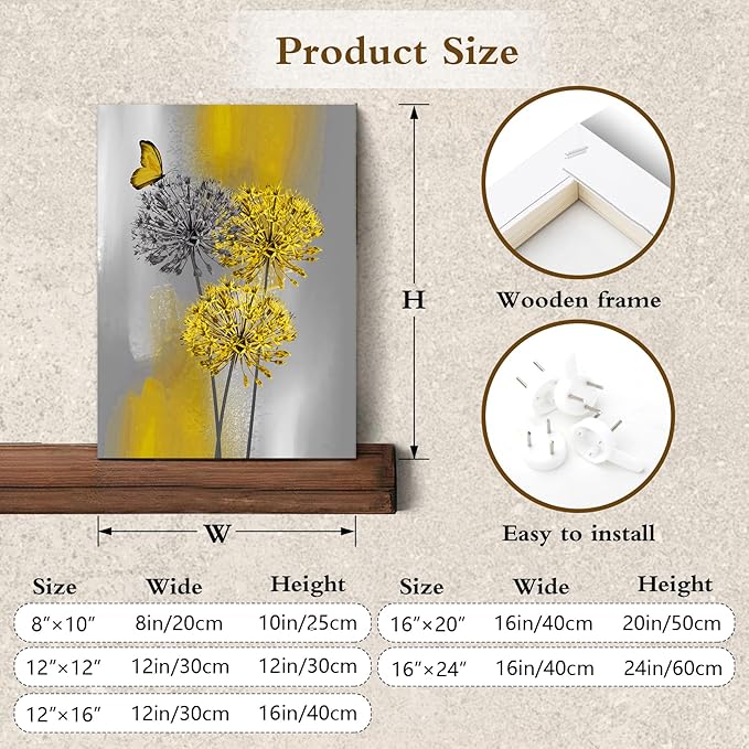 LB Yellow Dandelion Canvas Wall Art Yellow Grey Dandelion with Butterfly on Modern Abstract Wall Art Aesthetic Wall Decor for Living Room Bedroom Bathroom Office Framed Ready to Hang 16L x 12W