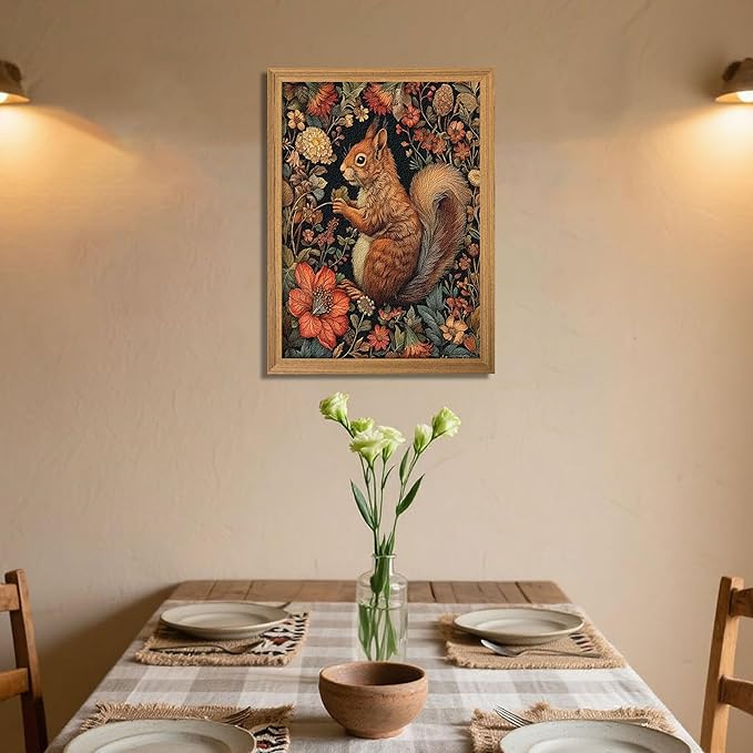 Framed Vintage Squirrel Wall Art, 3D Textured Squirrel Among Flowers Painting Art, Hand Drawn Sandstone Botanical Floral Pictures, Modern Farmhouse Wall Decor for Living Room Bedroom 12x16 inch