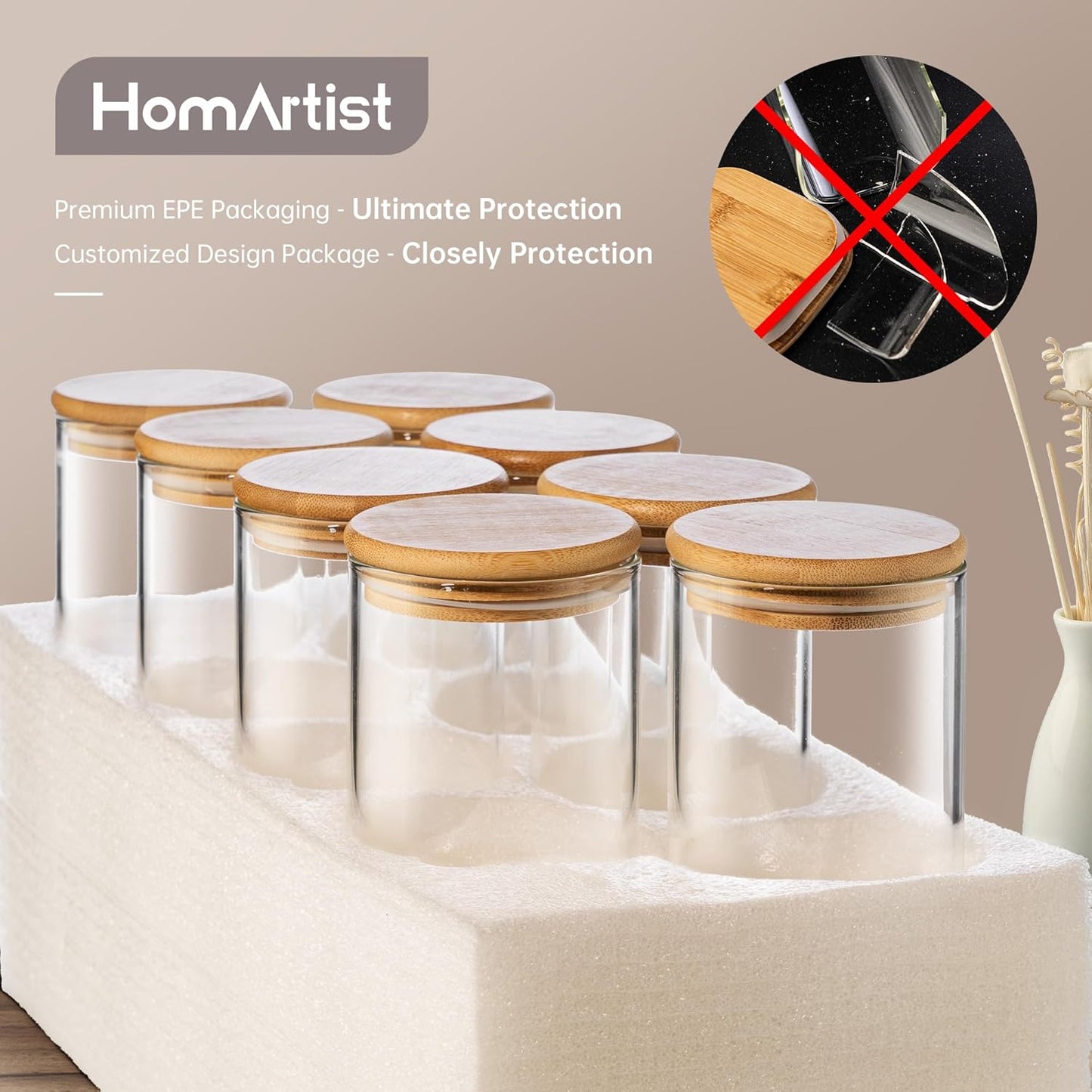 27oz - 4 Pack Square Glass Jars with Bamboo Lids, Glass Food Storage Containers with Airtight Lids for Kitchen, Air Tight Pantry Storage Containers for Cereal, Pasta, Rice, Sugar, Coffee, Spice