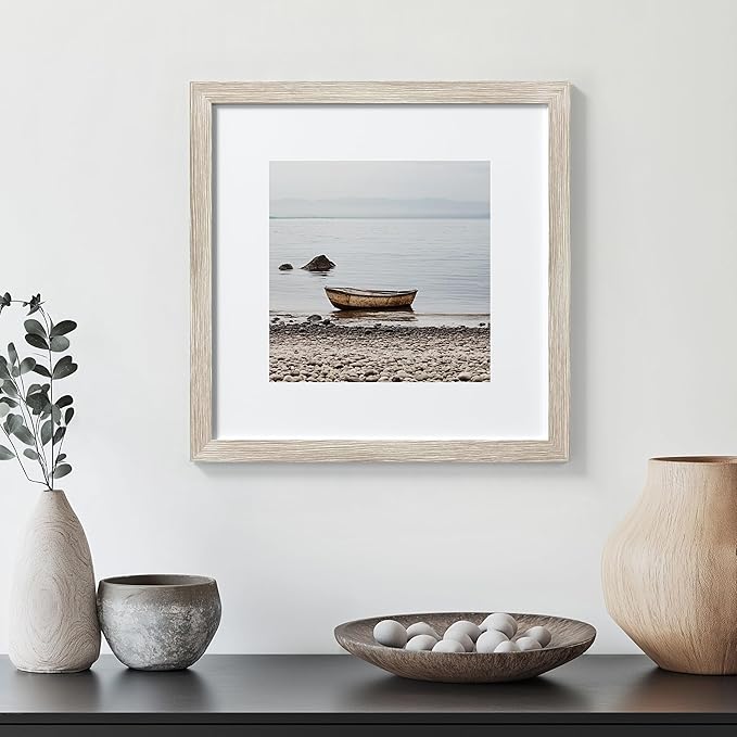 eletecpro 12x12 Picture Frames Set of 9 with Mat for 8x8 Photos or without Mat for 12x12, Square Gallery Wall Decor Collage for Picture Display, Beige Drift Wood Frame Set for Wall Hanging