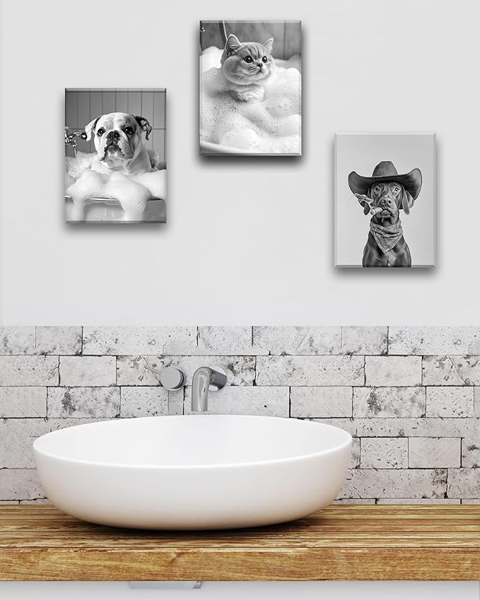 KensTro Funny Bathroom Wall Art Decor,12" x 16" Framed Canvas Bathroom Wall Art Picture,Black and White French Bulldog Dog Bathing Wall Art Animal Abstract Prints,Wall Decor for Kid's Room,1Pack Gift