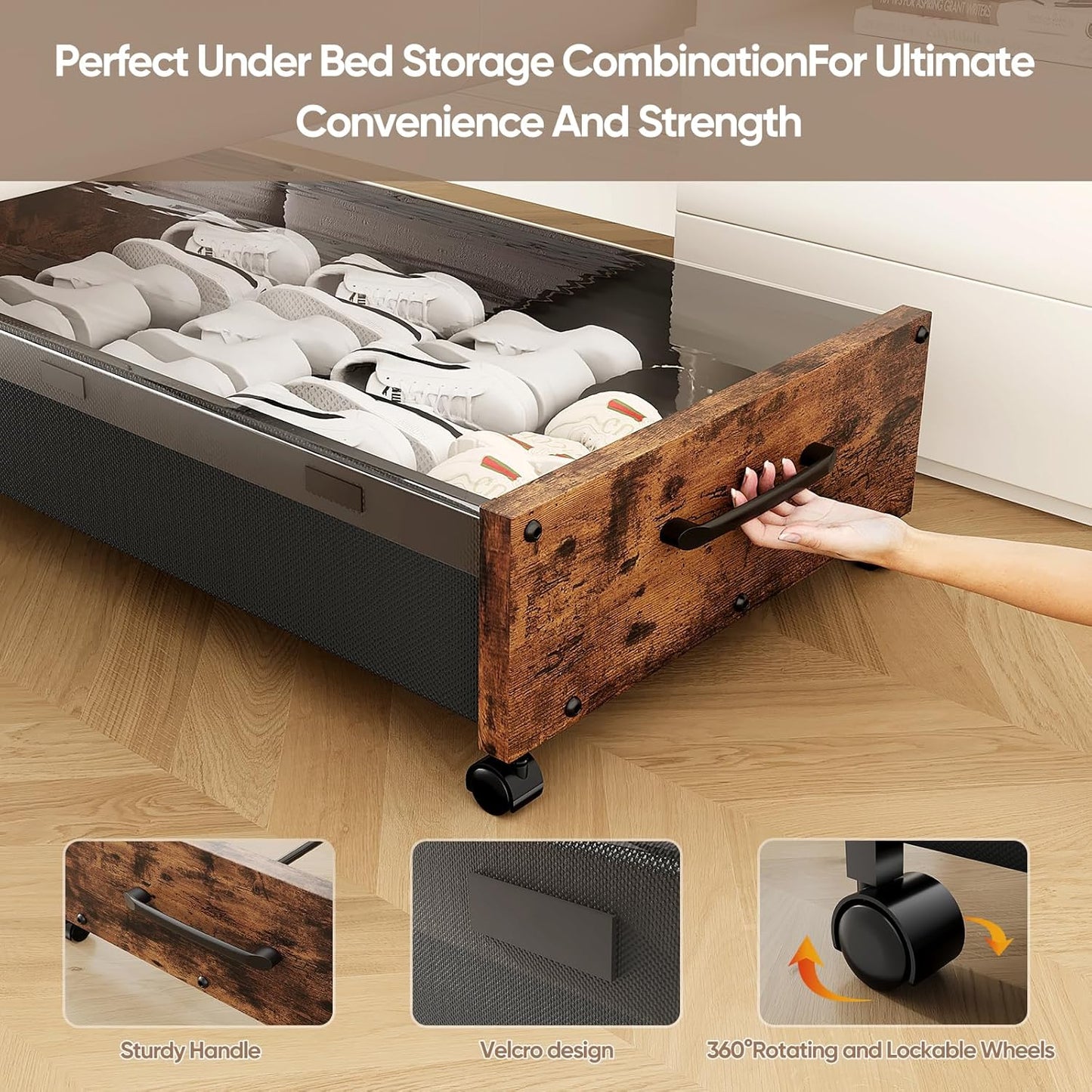 Wooden Under Bed Storage with Wheels, Rolling Under the Bed Storage Bins with Removable Lid, Metal Under Bed Drawers for Clothes and Shoes in Bedroom or Living Room(Vintage Brown-1pack)