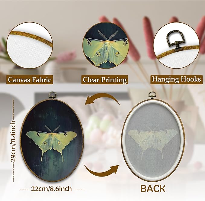 Mcehtle Vintage Butterfly Wall Art Decor, Dark Moody Cottagecore Moth Oval Framed Canvas Prints 8.6x11.4, Neutral Insect Farmhouse Wall Hanging Artwork Decorations for Home Bedroom Living Room