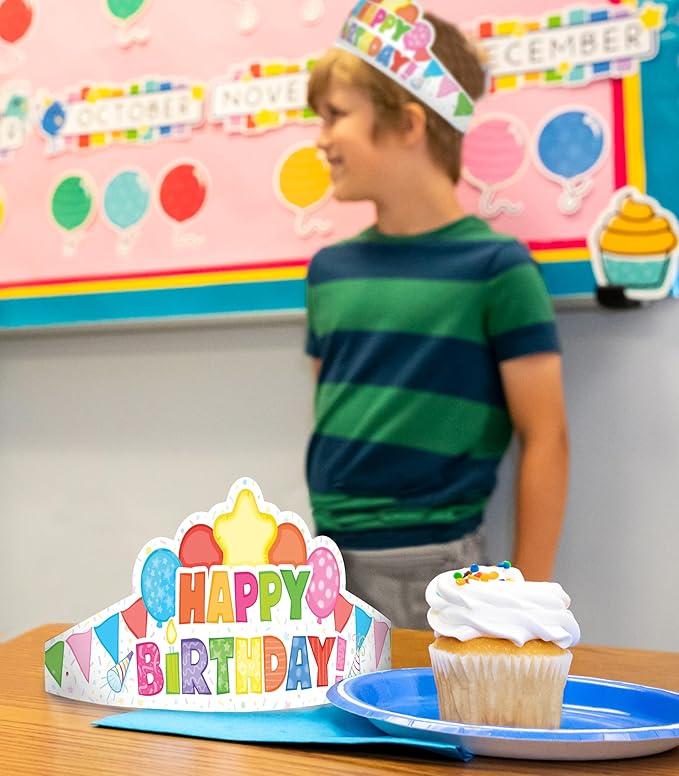 Carson Dellosa 102 pc Bundle of Birthday Decorations, Crowns, Colorful Balloons and Cupcake Cutouts for Party, Classroom, Bulletin Board, and Wall Decor