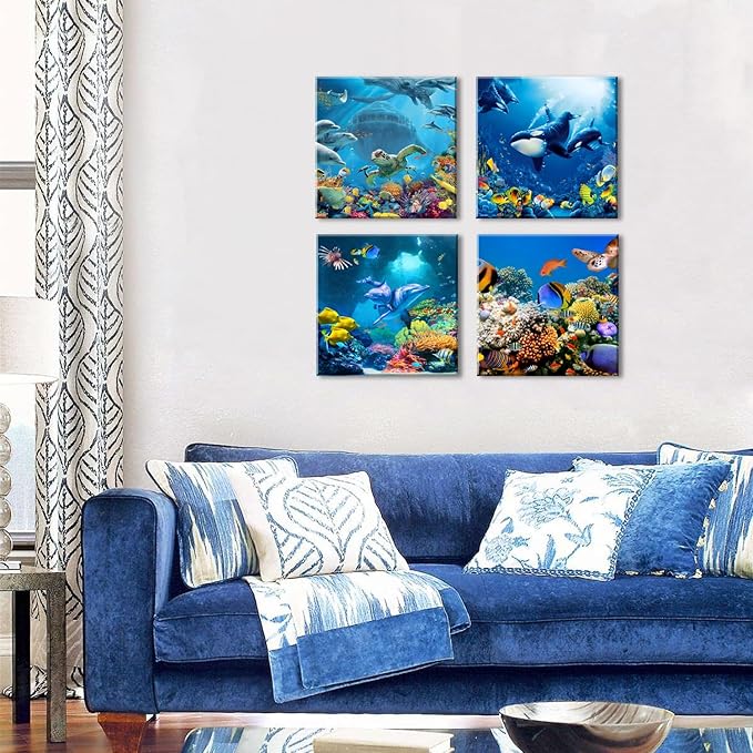 Ocean Animals Wall Art for Bathroom Beach Theme Sea Turtle Pictures Wall Decor Nautical Fish Dolphins Whales Canvas Prints Nautical Paintings Large Artwork Bedroom Nursery Home Decorations 24x24” 4Pcs