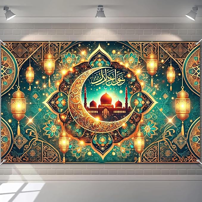 Ramadan Eid Banner Islamic Decoration Green Mosque Crescent Lanterns Hanging Backdrop with Hooks and String Arabic Calligraphy Sign for Muslim Festival Party 150D Polyester Wall Decor