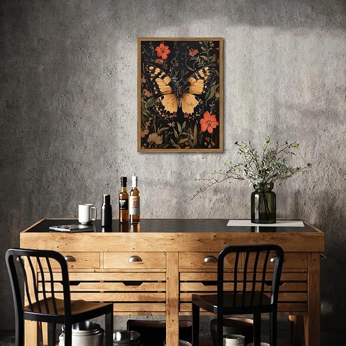 Dark Vintage Butterfly Wall Art,Butterfly Botanical Nature Pictures Wall Decor Flower Prints, Gothic Canvas Prints for Living Room Bedroom Office 16x24 inch Framed