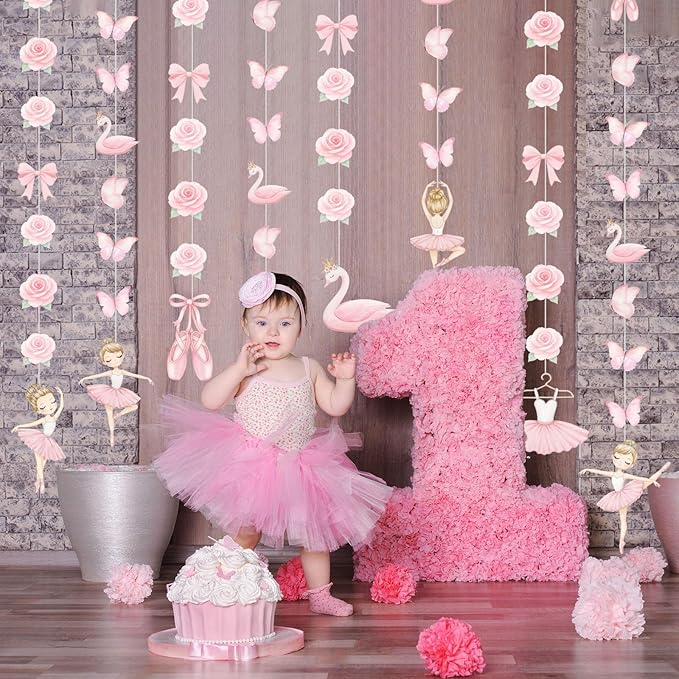 8 Pcs Ballerina Party Decorations Ballet Dancer Birthday Hanging Garlands Banner Pink Swan Rose Butterfly Paper Cutouts for Girls Wall Ceiling Decor Ballet Birthday Party Supplies
