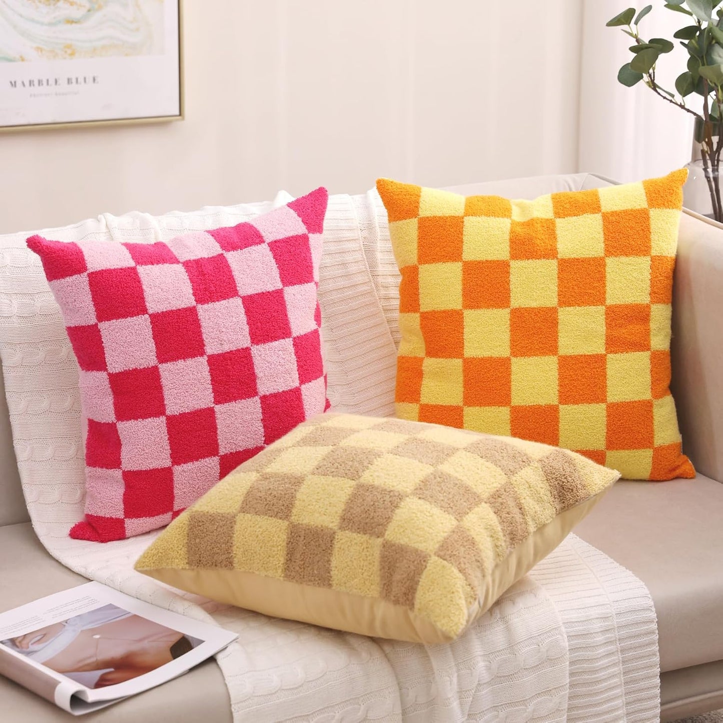 Alysheer Checkered Embroidered Decorative Throw Pillow Covers 18"x 18" Set of 2, Farmhouse Cottage Cream Ivory Plaid Tufted Patterned Cotton Canvas Cushion Case for Sofa Couch Bed Living Room