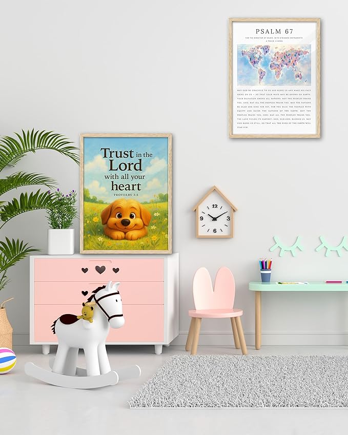 KensTro Natural OAK Wood Nursery Decor Framed Wall Art, 12x16 in Inspirational Christian Bible Verse Wall Art,Trust In the Lord with All Your Heart Proverbs 3:5 for Boys Girls Bedroom Decor Set of 1