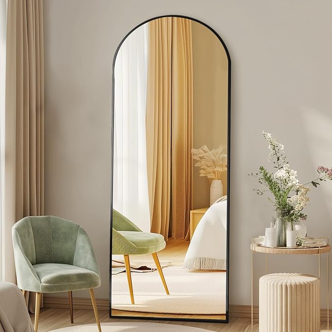 DUMOS Arched Full Length Mirror with Stand Floor Standing Aluminum Frame for Bedroom Body Hanging Leaning Modern Simple Home Decor Shatter-Proorf Nano Glass Wall Living Room Cloakroom Black 56"x15"