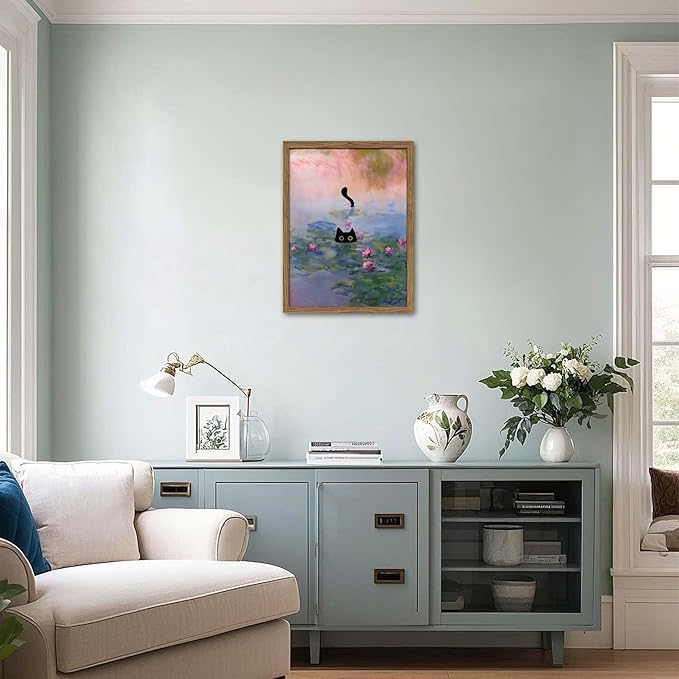 Vintage Framed Cat Canvas Wall Art Monet Print, Funny Black Cat in Water Lilies Poster, Monet Office Wall Decor, Floral Oil Painting Picture Artwork for Living Room Bathroom Aesthetic – 16x24 inch